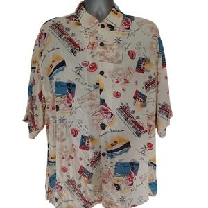Citron Men's Short Sleeve Button Down Shirt Cream California Vacation Print  L